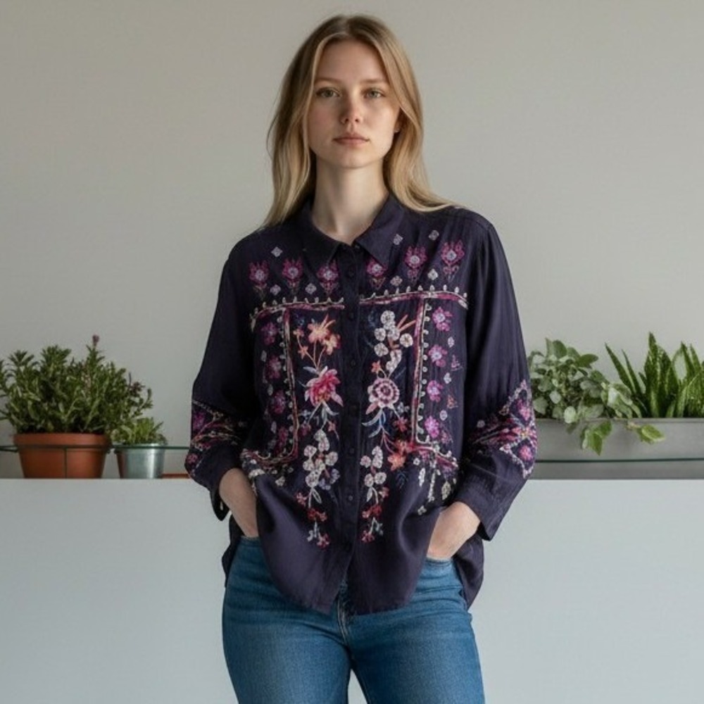 Johnny Was Workshop Purple Embroidered Floral Blouse W27423-8 Large